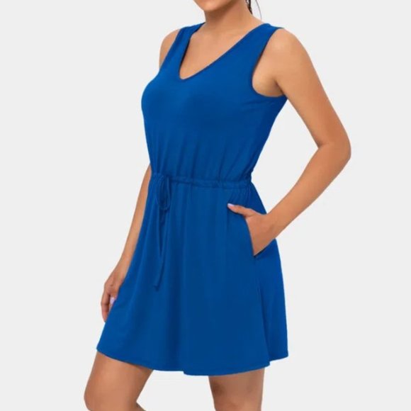 HALARA Dresses & Skirts - NWT Halara Blue V-Neck Drawstring Side Pocket Plain Mini Tank Dress